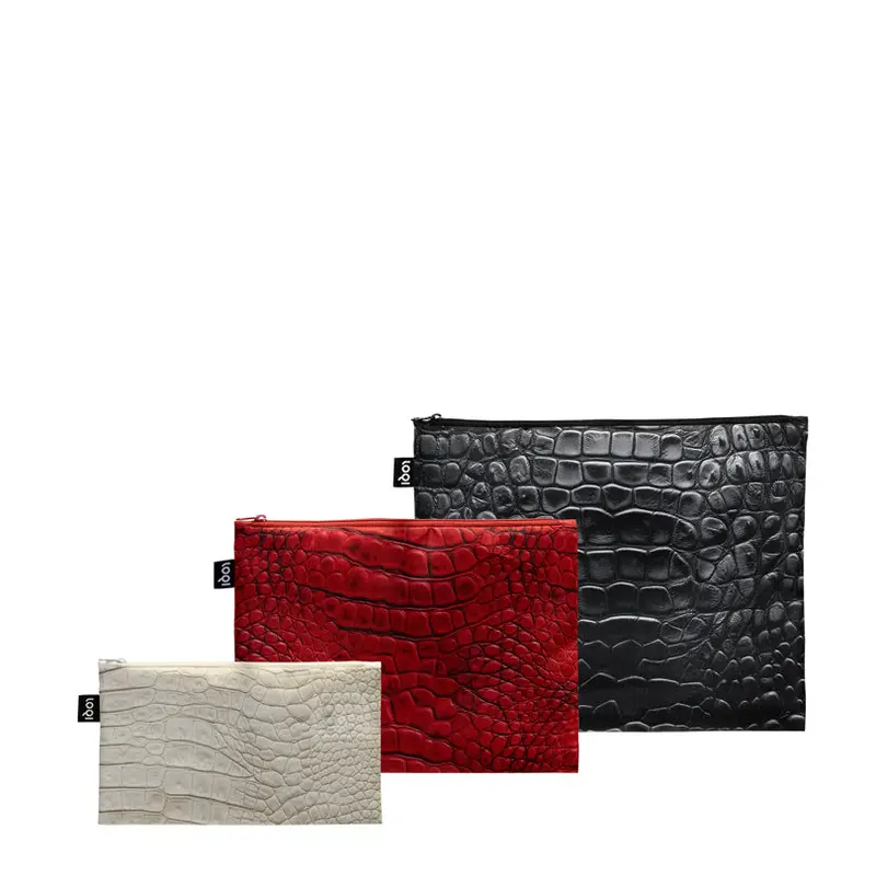 3-Piece Crocodile Print Recycled Zip Pouch Set: Black, Red & White (13–25 × 23–32Cm) 1
