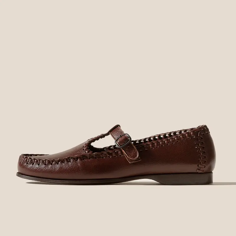 Alcover Supple Shiny T-Bar Loafers In Chestnut Leather 1