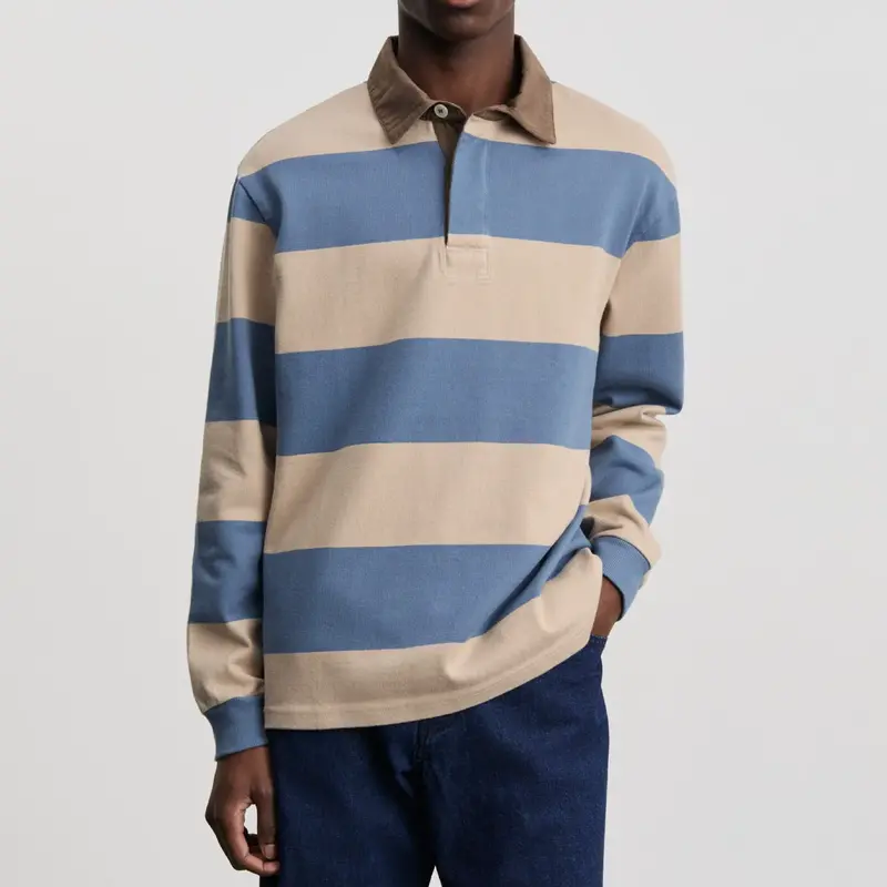 Another Rugby-Style Polo Shirt – Blue Sand Stripe 1
