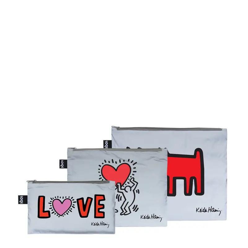 Assorted Reflective Zip Pockets: Keith Haring Dog, Dancing Heart & Love – Set Of 3 (13–25×23–32 Cm) 1