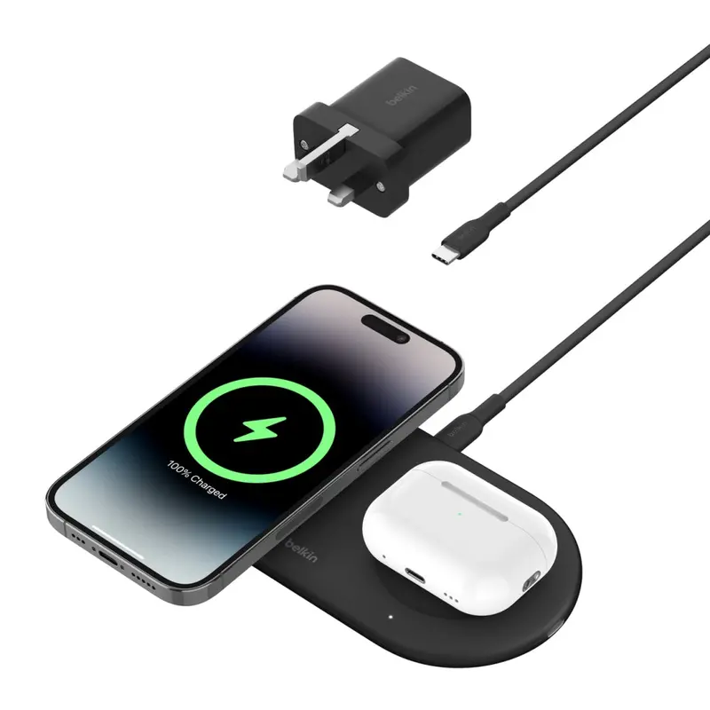 Belkin Qi2-Certified 15W Magnetic 2-In-1 Wireless Charging Pad – Black (Wiz021Mybk) 1