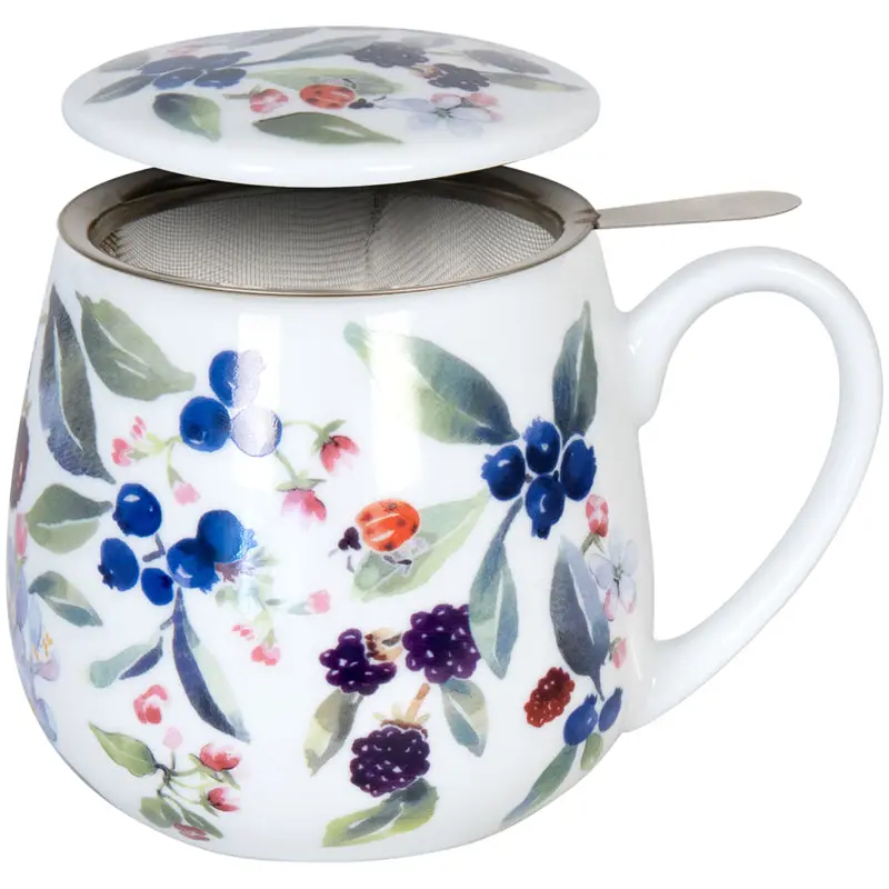 Berry-Print Tea Mug With Removable Lid & Stainless Steel Filter – Fruity Tea Series, 420 Ml, 8.2 Cm × 10 Cm 1