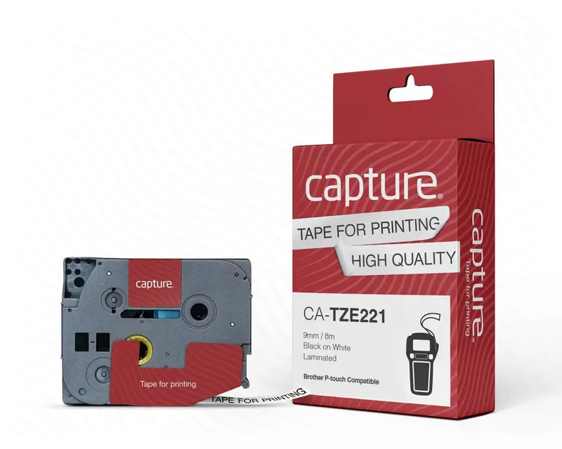 Capture Ca-Tze221 P-Touch Tape – 9Mm × 8M, Black On White, High-Adhesion 1