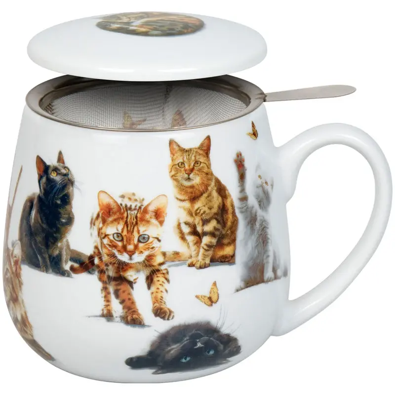 Ceramic Tea Mug With Lid & Infuser – Furry Little Paws Cat Illustration (400 Ml, Ø8X10.2 Cm) 1