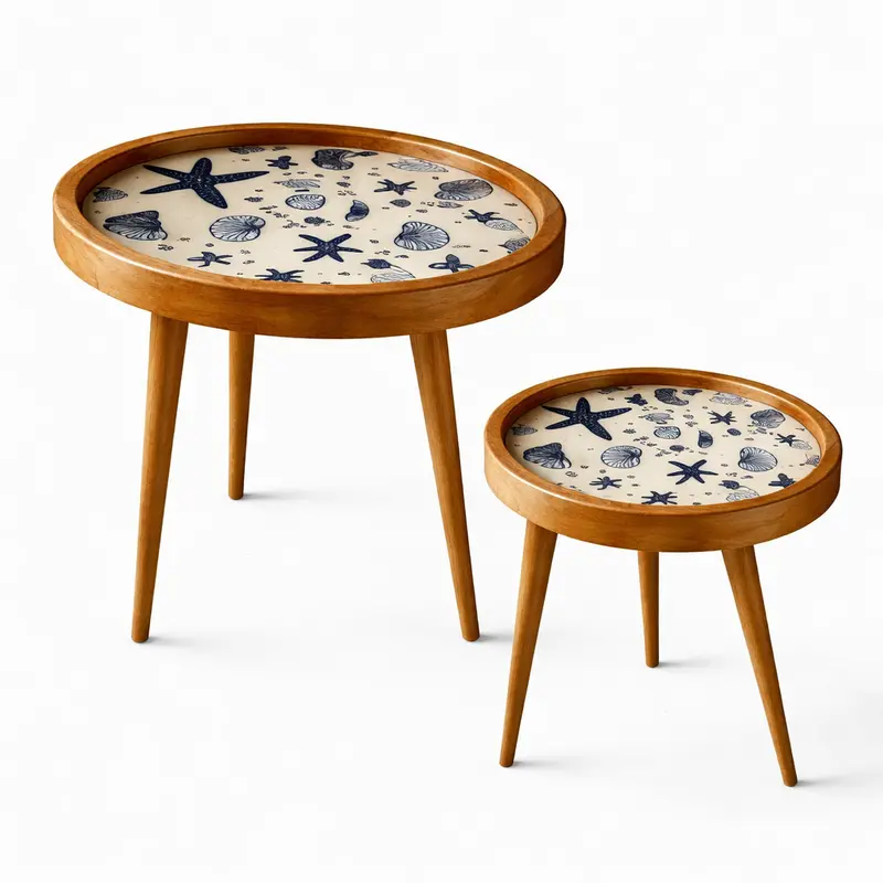 Coastal-Themed Nesting Side Tables – Pair Of Round Wooden Coffee Tables With Seashell & Starfish Tray Tops 1
