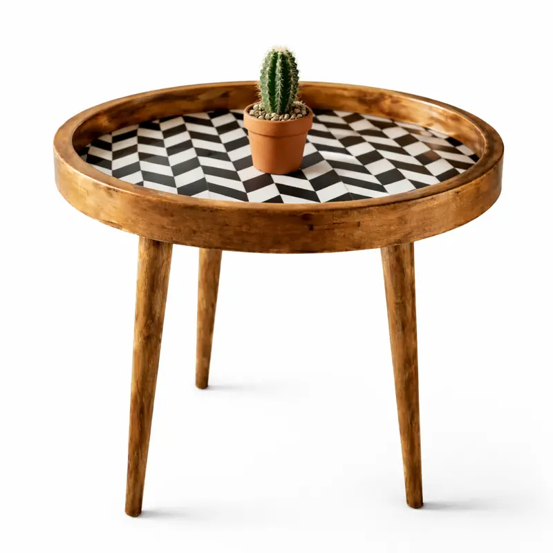 Designer-Inlay Round Wooden Side Table – Premium Solid Wood Accent For Contemporary Homes 1