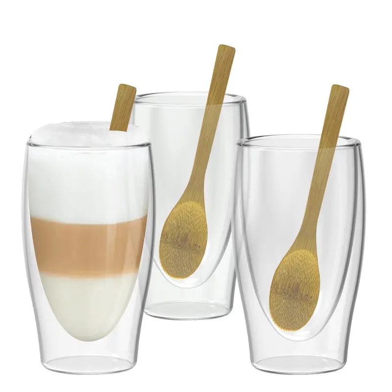 Double-Wall Latte Mug Set With Bamboo Spoon – 3-Piece, 350 Ml Each, Ø8.5 X 14.5 Cm 1
