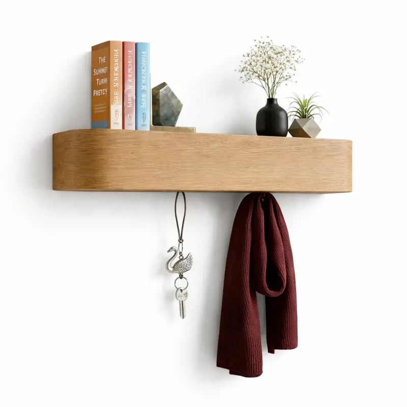 Floating Wooden Wall Shelf With Integrated Hooks – Entryway Organizer For Keys, Coats & Everyday Essentials 1