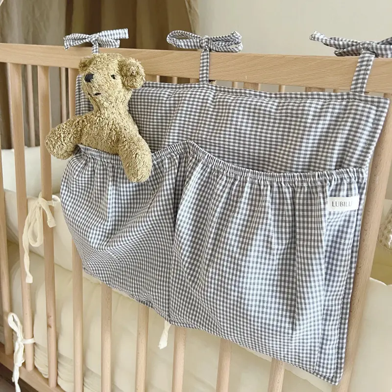 Grey Mini Check Bedside Pocket Organizer 1