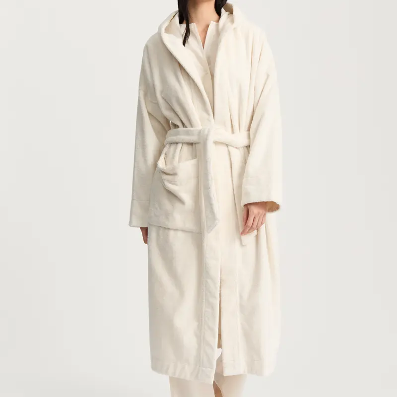 Hooded Terry Bathrobe In Pure Ecru 1