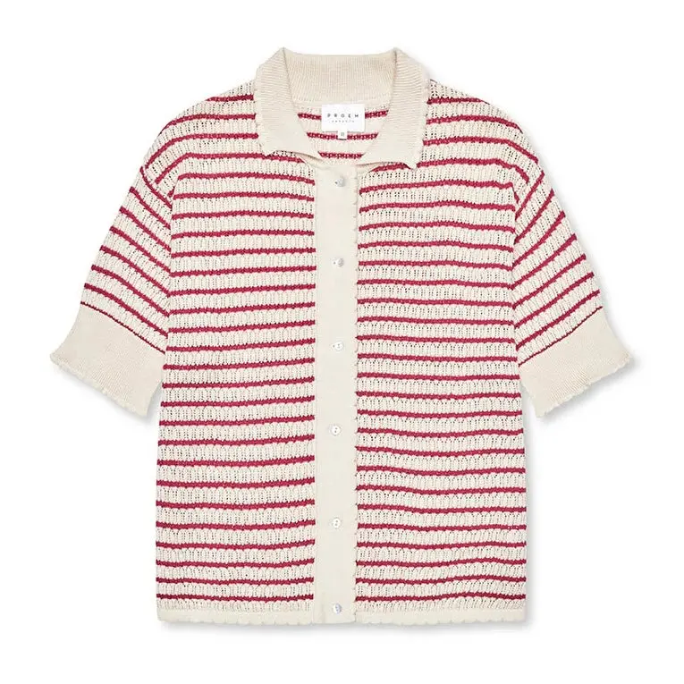 Lullu Short-Sleeve Polo Cardigan – Ecru And Berry Striped Layer 1
