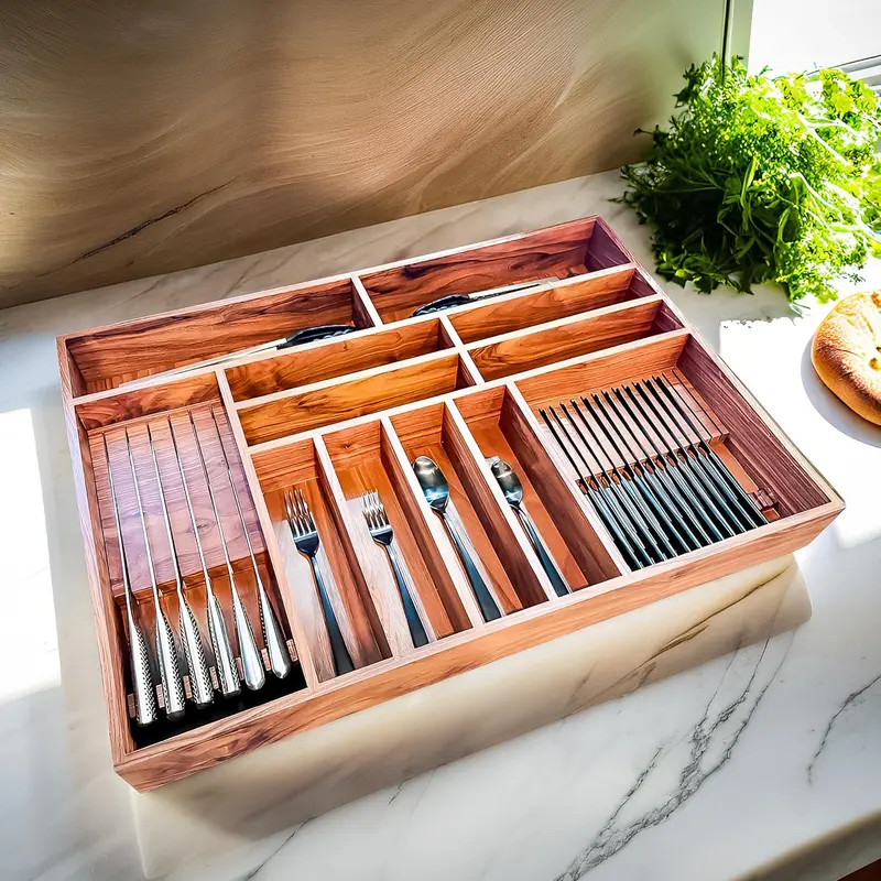 Natural Wood Flatware Organizer – Slim Drawer Tray For Knives, Spoons & Forks 1