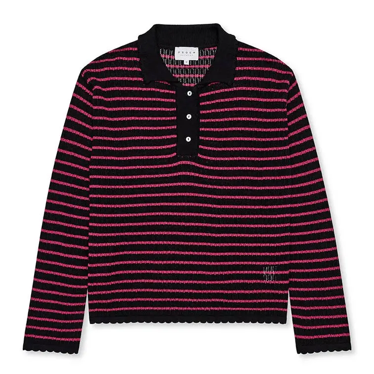 Nuria Long-Sleeve Polo Shirt – Black And Berry Contrast Detail 1
