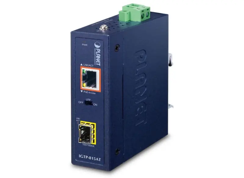 Planet Igtp-815At Industrial Poe+ Media Converter: 100/1000Base-X To 10/100/1000Base-T With 802.3At Power Over Ethernet 1