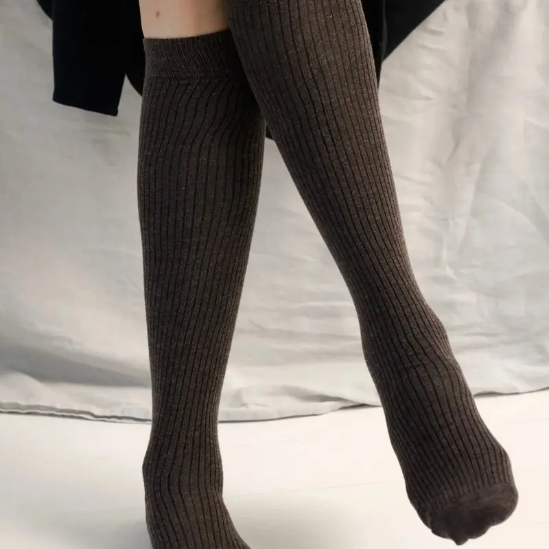 Rib-Knit Knee-High Socks In Brown Melange 1