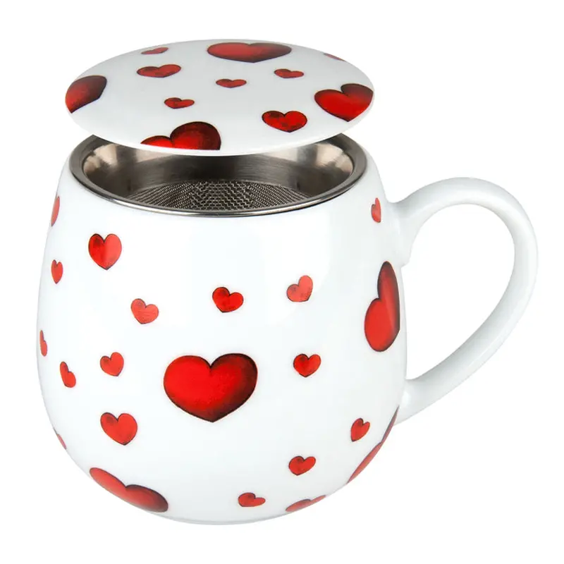 Tea Cup With Lid And Built-In Infuser – Little Hearts Pattern, 420 Ml 1
