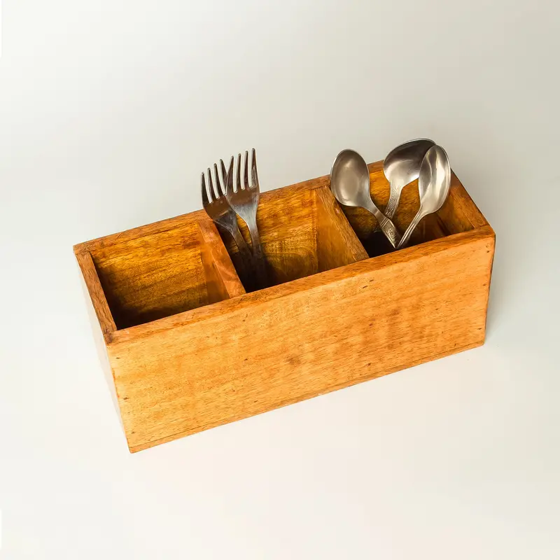Three-Compartment Wooden Cutlery Holder – Handmade Utensil Organizer For Flatware & Silverware 1