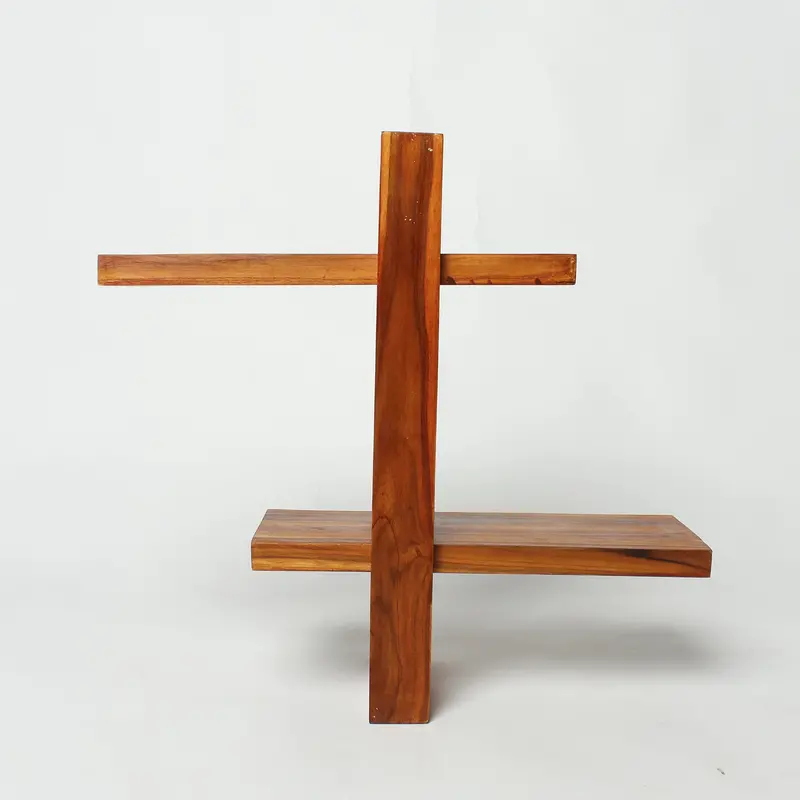 Two-Tier Cross-Design Wall Shelf | 20" Tall Solid Wood Floating Shelf 1