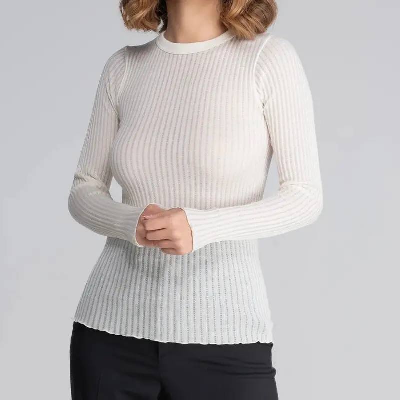 Uld & Silke Long-Sleeve Pointelle Top In Ivory 1