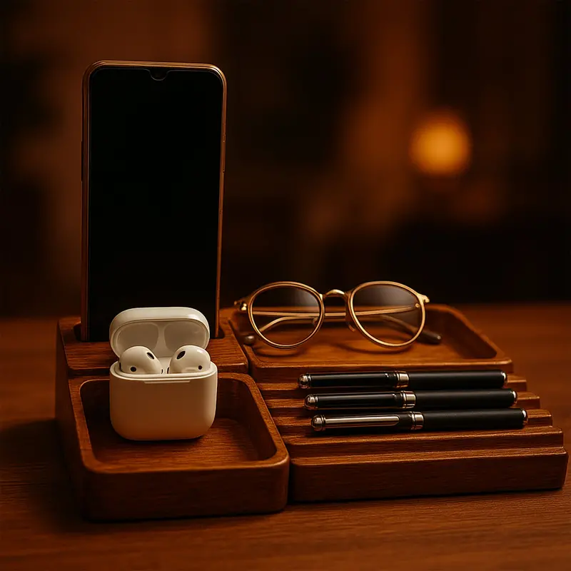 Walnut Desktop Docking Station – Multi-Functional Organizer For Phones & Essentials 1